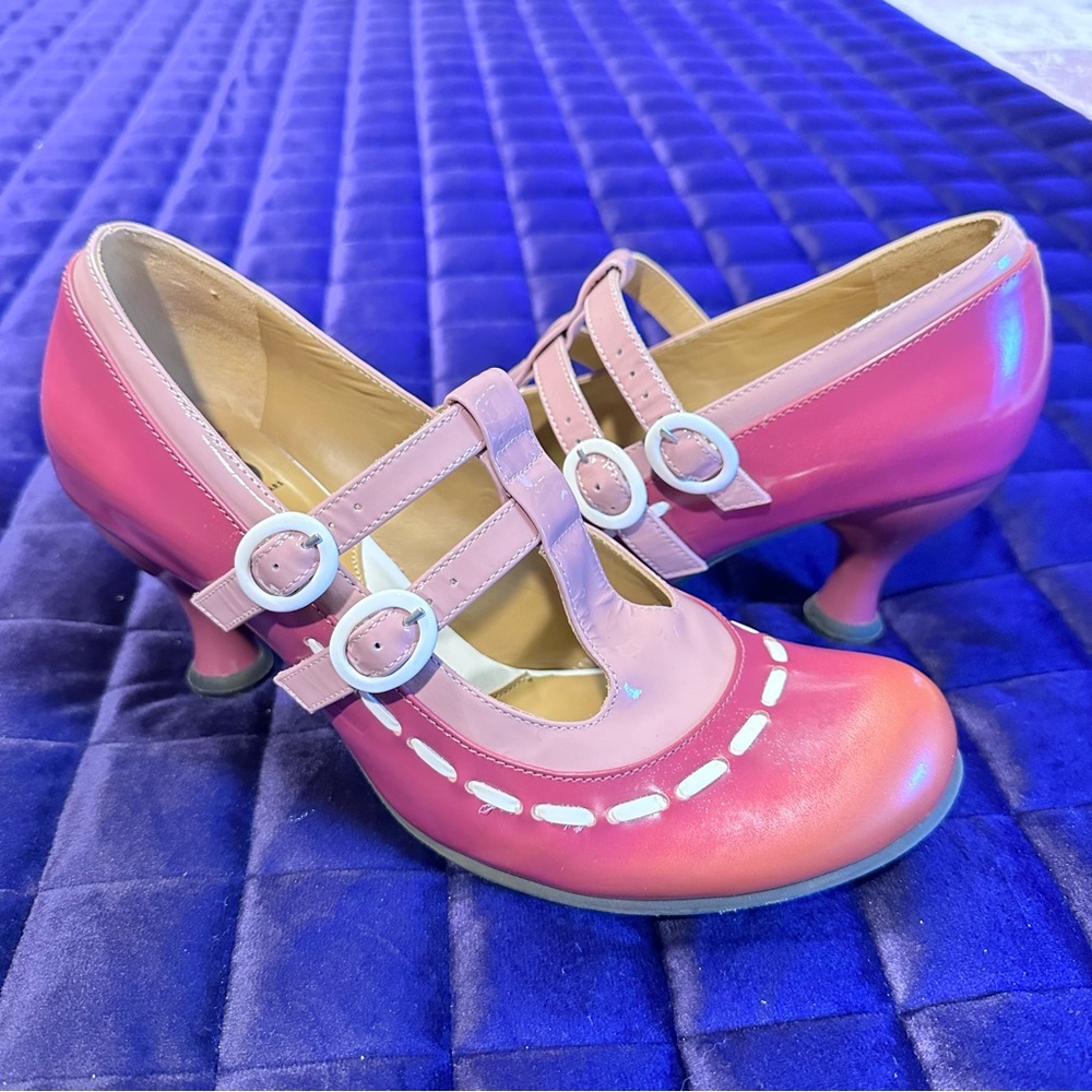 Fluevog Bellevue Mary Fields Double Strap Mary Jane Heel in Pink (& Orange) 🩷🧡